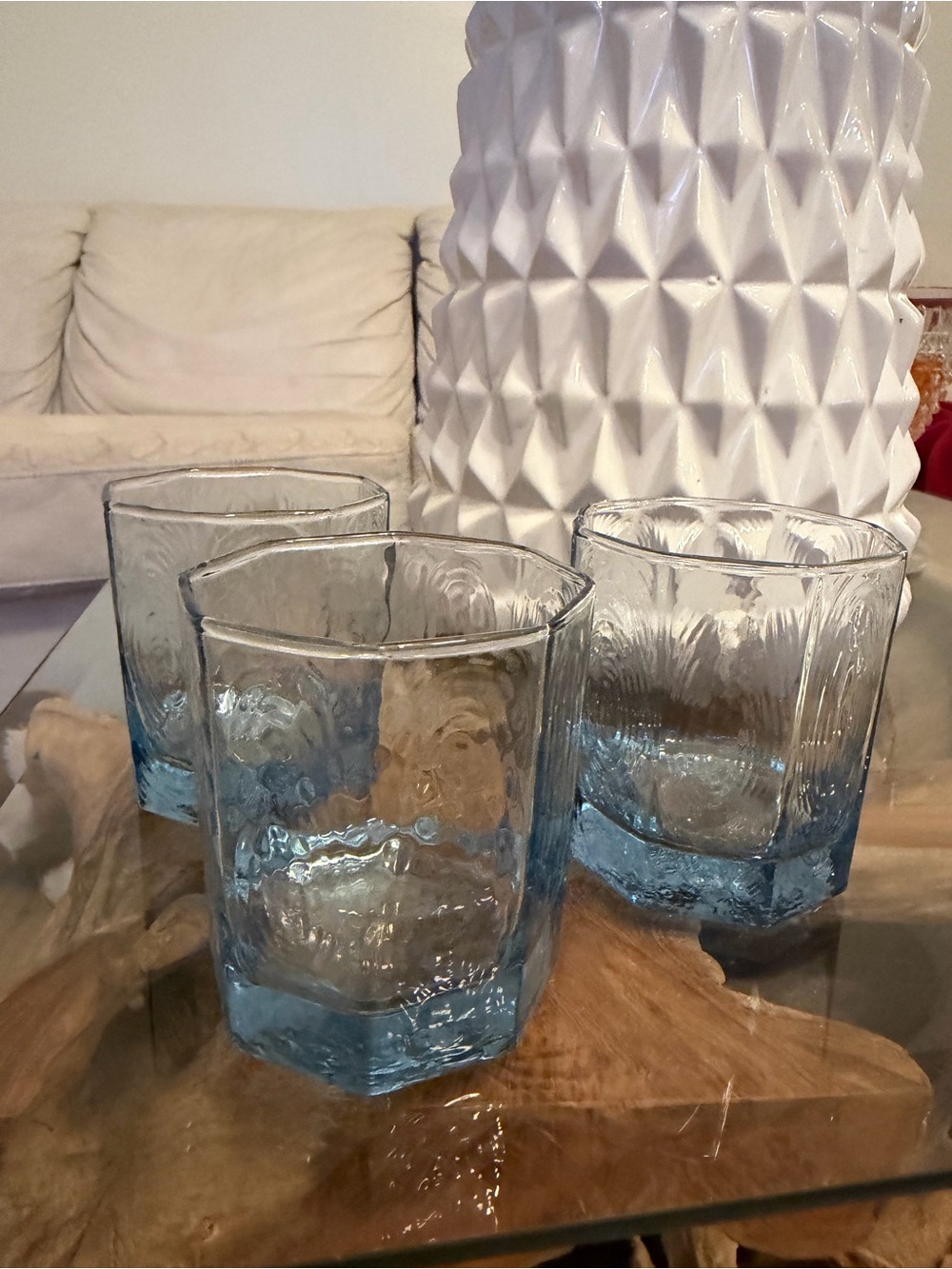 LIBBEY Set of 3 Facets Light Blue Rocks Old Fashioned Glass 3.5” tall Textured